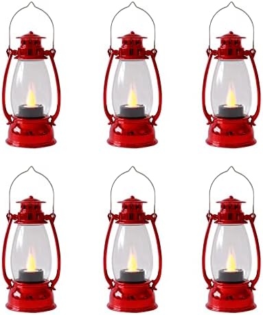 Red Mini Lanterns(12 Pcs-5.1in) with Flickering LED Candle Lights, Vintage Small Western Lanterns for Table Centerpiece, Indoor & Outdoor Christmas Tree Ornaments, Camping Party Decorations by ReperlaSpecialMiniSmallLanternDecoration