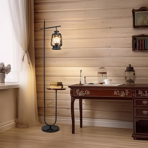 Vintage Floor Lamp with Table,Classical Lantern Standing Rustic Farmhouse Nightstand Hanging Arc Floor Lamp with Black Silver Finish,for Living Room,Bedroom,Reading Room(Silver) - Image 5