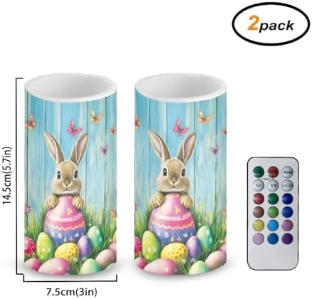 2 Pack Flameless Candles with Timer Remote LED Candles Flickering for Indoor Outdoor Home Decorations Flameless LED Real Wax Lights, Easter Day Bunny Eggs Wood Grain - Image 2