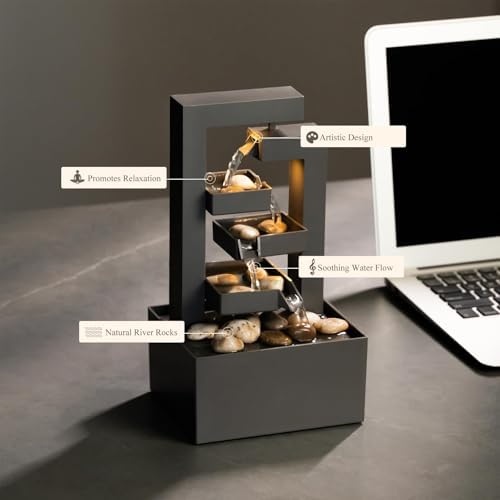 Desktop Waterfall Fountain Small- 9.65" Relaxation Tabletop Fountain with Soothing Sound for Office & Home Decor - Desktop Water Fountain Feature with Natural Stones - Image 3