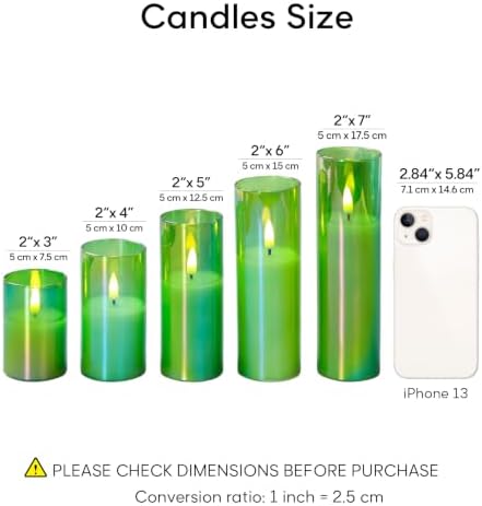 Eywamage Green Glass LED Pillar Candles with Remote Batteries Set of 5 - Image 2