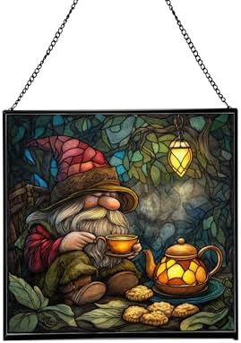 Gnome Tea Time Stained Glass Suncatcher – Square Hanging Window Panel for Home or Greenhouse – Whimsical Glass Art Gift for Garden Lovers, Christmas, Halloween, Father Days NlL056 by Custom