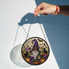 Stained Glass Halloween Gnome Witch Suncatcher, Pumpkin Black Cat Spider Bat Circular Panel, Spooky Fall Season Window Hanging Ornament - Image 2