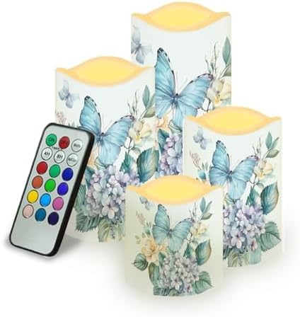 Blue Butterfly Pillar Candles Bulk Led Flameless Battery Operated Candles with Timer Remote Color Changing Electric Fake Candles for House Warming Home Decorations Set of 4 by Uorisanigo