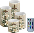 Set of 4 Flameless Candles Bulk Retro Lily Floral Battery Operated Candles with Color Changing Timer Remote Control Cross Printed LED Pillar Lights for Patio Porch Lanterns Home Decor by Merkmak