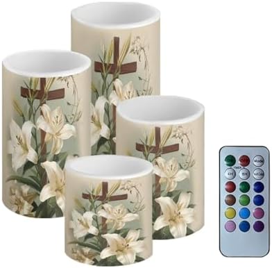 Set of 4 Flameless Candles Bulk Retro Lily Floral Battery Operated Candles with Color Changing Timer Remote Control Cross Printed LED Pillar Lights for Patio Porch Lanterns Home Decor by Merkmak