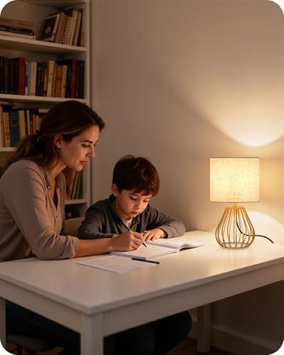 Gold Table Lamp, 12.6'' Small Table Lamp with Beige Linen Lampshade & Gold Cage Base, Modern Little Cute Desk Lamp, Bedside Lamp for Bedroom, Living Room, 2700K LED Bulb Included, DE06TL05 - Image 3