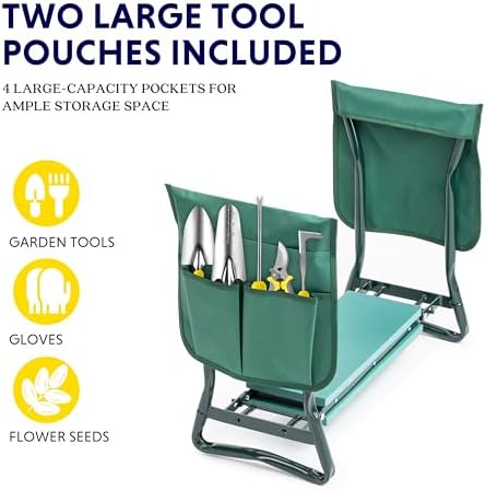 iPower Garden Kneeler and Seat Foldable Kneeling Bench with Sturdy Soft EVA Foam Pad for Outdoor, Fishing, Camping, 2 Tool Pouches Included, Green - Image 4