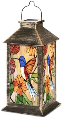 Solar Lantern Stained Glass Flowers Bird Window Decor Gifts Outdoor Waterproof Garden Hanging Lantern Solar Powered Lighting Outside Table Lamp for Patio Deck Camping 1 Pack by Unknown