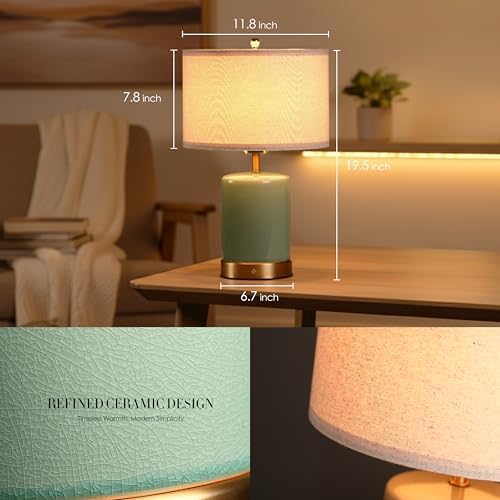 O’Bright Dune - Battery Powered Table Lamp, Rechargeable Cordless Ceramic Lamp, Full-Size 19.5 Inch Height, Dimmable, Smart Safety Protection, Type-C Fast Charging, LED Bulb Included, Sage Green - Image 5