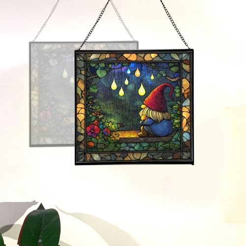 Gnome in Rainy Window Stained Glass Suncatcher – Square Hanging Window Panel for Home or Greenhouse – Whimsical Glass Art Gift for Garden Lovers, Christmas, Halloween, Father Days C6Ziju - Image 4