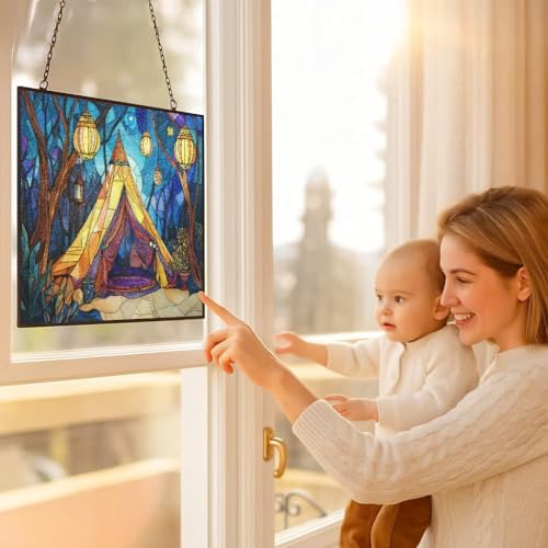 Personalized Rectangle Boho Lantern Tent Stained Glass Suncatcher Stained Glass Window Hanging Home Decor Garden Halloween Christmas Wedding Housewarming Gifts - Image 5