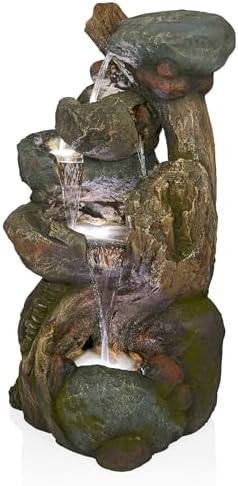 Alpine Corporation WIN1546 Outdoor Floor Rock/Tree Trunk Fountain w/LED Lights, Cascading Garden Water Fountain, 39" H, Gray - Image 2