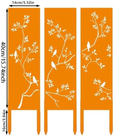 Rustic Metal Privacy Screens Set of 3, Rusty Iron Birds on Branches with Garden Stakes, Portable Standing Partition Panels for Garden, Wedding Decor - Image 3