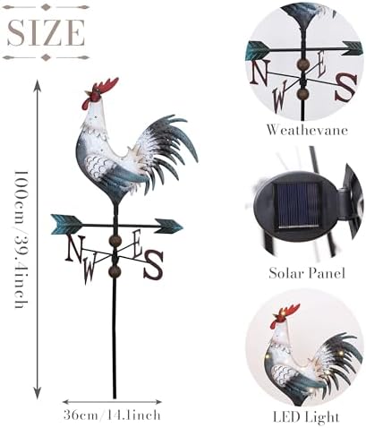 TERESA'S COLLECTIONS Garden Decor with Solar Outdoor Lights, White Rooster Yard Art Sign for Outside, 39.4'' Metal Weathervane Decorative Garden Stake for Outdoor Decor, Lawn, Gifts for Fathers Day - Image 4