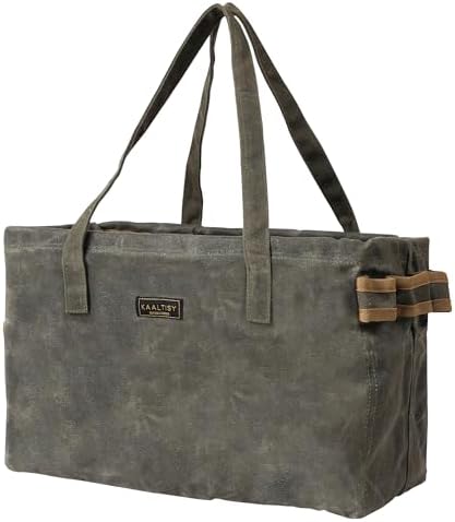 Canvas Tool Tote Bag | 16OZ Waxed Canvas Tool Carrying Bag - with 8 Pockets & Top Metal Support Rods, Rectangular Top Open Tool Tote Bag for Chisels Wrench Hammer Level | Army Green by Kaaltisy