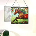 Brown Dutch Warmblood Horse Galloping Along Wild Hedgerow Square Suncatcher – Stained Glass Style Window Panel with Pastoral Scene, Custom Decorative Hanging Art for Equestrian Home, Christmas S5G14f - Image 4