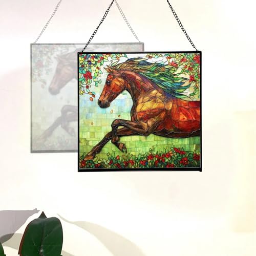 Brown Dutch Warmblood Horse Galloping Along Wild Hedgerow Square Suncatcher – Stained Glass Style Window Panel with Pastoral Scene, Custom Decorative Hanging Art for Equestrian Home, Christmas S5G14f - Image 4