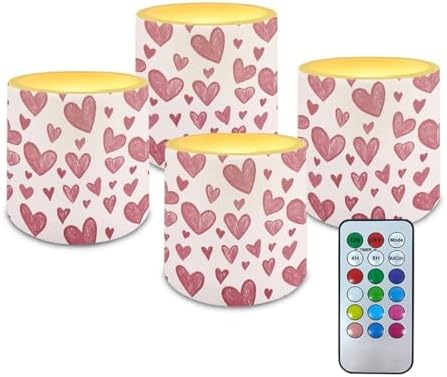 4Pcs Valentines Day Heart Stripes Flameless Candles with Remote Battery Operated Pillar Candles with Timer LED Tea Lights for Patio Porch Home Party Decorations by Merkmak