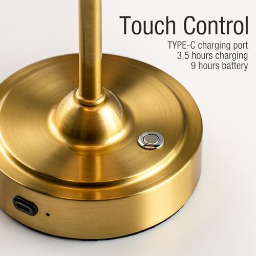 ONEWISH Cordless Lamp-Battery Operated Table lamp, 4000mAh Rechargeable, Stepless Dimmable, Small Touch Bedside Lamp with Fabric Shade, for Dining, Patio, Bathroom(Gold) - Image 5