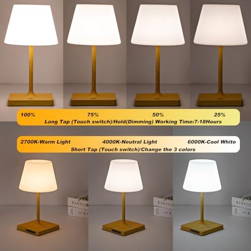 Cordless Table lamp, Outdoor Battery Operated Rechargeable Desk lamp,Waterproof Shower Lamp,4000mAh LED 3 Colors Dimmable Touch Lamps for Camping Patio Courtyard Bedroom-Wood - Image 2