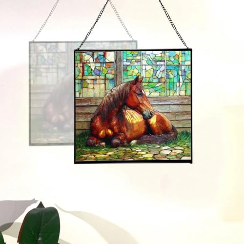Chestnut Morgan Horse Resting Near barn Window Square Suncatcher – Stained Glass Style Window Panel with Pastoral Scene, Custom Decorative Hanging Art for Equestrian Home, Christmas Y19Vql - Image 4