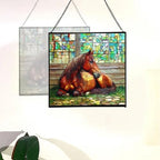 Chestnut Morgan Horse Resting Near barn Window Square Suncatcher – Stained Glass Style Window Panel with Pastoral Scene, Custom Decorative Hanging Art for Equestrian Home, Christmas Y19Vql - Image 4