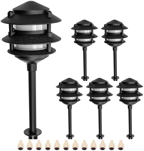 Lumina Lighting® Low Voltage Landscape Lighting Cast-Aluminum Pagoda Path and Area Light Warm White 4W G4 LED Bulb and ABS Ground Stake Included for Yard Walkway Lawn PAL0103-BkLED6 (Black,6-Pack) by LuminaLighting%C2%AE