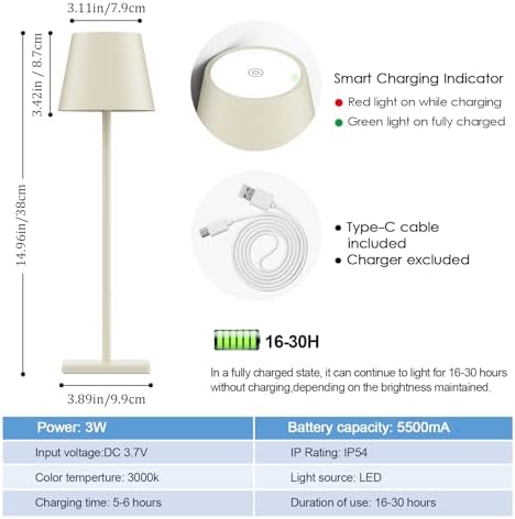 Cordless Table Lamp 5000mAh LED Rechargeable Lamp Off White, 2-Pack - Image 6
