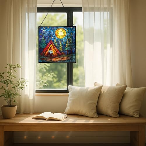 Night Camp Gnome Stained Glass Suncatcher – Square Hanging Window Panel for Home or Greenhouse – Whimsical Glass Art Gift for Garden Lovers, Christmas, Halloween, Father Days YYXOkZ - Image 7
