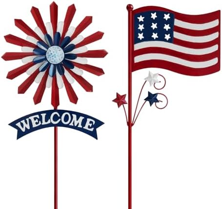 A ANLEOLIFE Decorative Garden Stakes for Outside, Metal Garden Decor Rustic American Flag and Welcome Sign, Yard Stakes Indoor & Outdoor Patio Lawn by AAnleolife