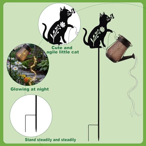 Solar Watering Can Light Cat Stake 36in Garden Waterfall LED Outdoor Art - Image 6