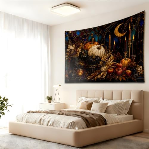 Halloween Pumpkin Tapestry, Gothic Moon Stained Glass Fall Decor 70x90inch - Image 3