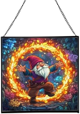 Fire Ring Gnome Dance Stained Glass Suncatcher – Square Hanging Window Panel for Home or Greenhouse – Whimsical Glass Art Gift for Garden Lovers, Christmas, Halloween, Father Days dHpxaH by Custom