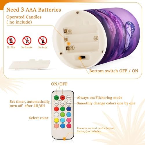 YETTASBIN Purple Butterfly Flameless Candles with Remote Control and Timer, Adjustable Brightness Long Lasting Battery Operated LED Pillar Candles for Indoor Outdoor Party Home Decor, 2 Pack - Image 4