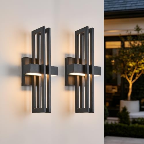 Outside Light 2 Pack, 15Inch Small Black Outdoor Wall Sconce Waterproof Exterior Light Fixture, Modern Wall Mount, Decorative LED Lighting for Patio Garage Yard Backyard Apartment Balcony by CaringlightOutdoorLighting