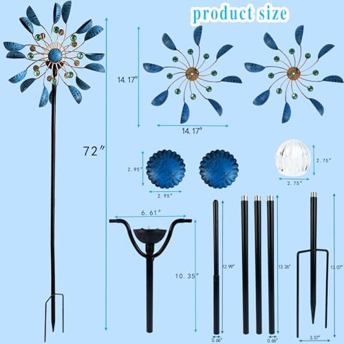 NUENUN Wind Spinner Outdoor Metal - Multi-Color Seasonal LED Lighting Solar Powered Glass Ball with Kinetic Wind Spinner Dual Direction for Patio Lawn & Garden (Blue with Light) - Image 3