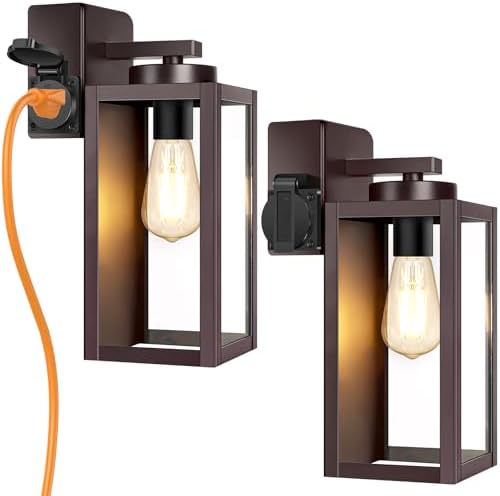 BesLowe Porch Lights with Outlet, Brown Modern Outdoor Wall Light Fixtures by BringYourBrightFuture