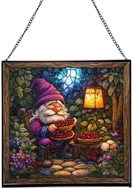 Berry Pie Gnome Picnic Stained Glass Suncatcher – Square Hanging Window Panel for Home or Greenhouse – Whimsical Glass Art Gift for Garden Lovers, Christmas, Halloween, Father Days aZdgHt by Custom