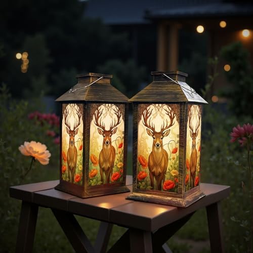 Solar Lantern Outdoor Garden Hanging Lantern Majestic Deer Large Antlers Ornate Vibrant Floral Forest Waterproof Solar Powered Lighting Outside Table Lamp for Patio Deck Yard Camping - Image 6