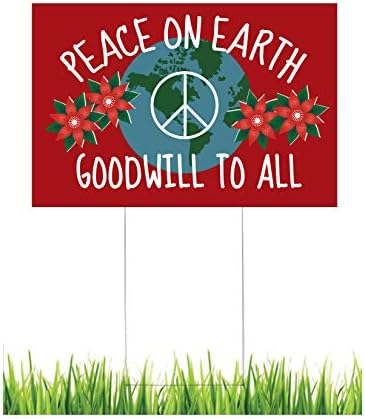 Peace on Earth Goodwill to All Holiday Christmas Winter Solstice Peace Sign Lawn Sign - 24 inch by 16 inch Lawn Sign with Free H Stake, Double Sided on Corrugated Plastic by Becks+Printing
