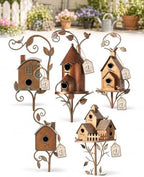 Handmade Iron Birdhouse Metal Garden Stake Bird House with Pole Stand by Unknown