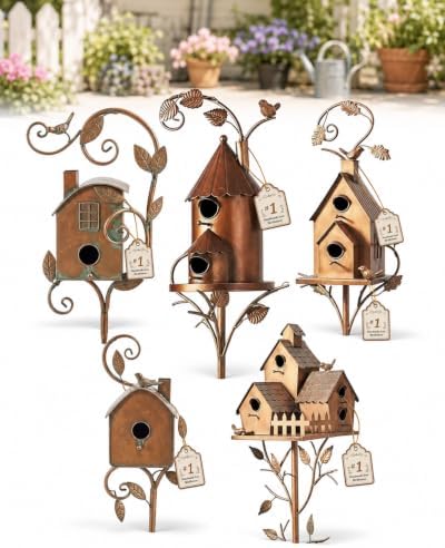 Handmade Iron Birdhouse Metal Garden Stake Bird House with Pole Stand by Unknown