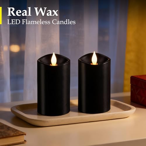 Black Flameless LED Candles - 3" x 5" Real Wax, Battery Operated with Remote Timer, 3D Flickering, Lasts 600+ Hours, Halloween & Christmas Deco (Black, 3"*5"-2pcs) - Image 2