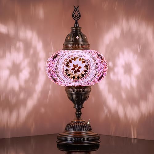 DEMMEX Battery-Operated Turkish Moroccan Mosaic Table Lamp – 12”H, 5”W, Portable Stained Glass Lantern for Indoor & Outdoor Use, Cordless Handmade Decorative Light for Bedroom, Patio & Camping, Lilac by DEMMEX