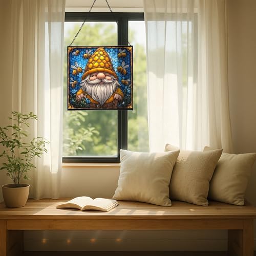 Bee Keeper Gnome Stained Glass Suncatcher – Square Hanging Window Panel for Home or Greenhouse – Whimsical Glass Art Gift for Garden Lovers, Christmas, Halloween, Father Days jHIJ7k - Image 7