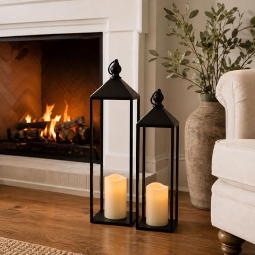 Perfnique Decorative Lanterns for Indoor & Outdoor, Set of 2 Black Metal Lanterns (22" & 19") with LED Timer Flameless Candles, Farmhouse Modern Decor for Front Porch, Patio, Mantle - Image 4