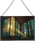 Sun Shining Through Window in Forest Chapel Rectangular Stained Glass Suncatcher – Hanging Window Panel with Animal & Nature Scene – Vibrant Glass Art Gift for Wildlife, Fantasy, Nature Lovers w19xzI by Custom