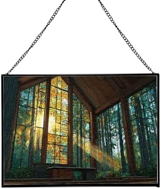 Sun Shining Through Window in Forest Chapel Rectangular Stained Glass Suncatcher – Hanging Window Panel with Animal & Nature Scene – Vibrant Glass Art Gift for Wildlife, Fantasy, Nature Lovers w19xzI by Custom