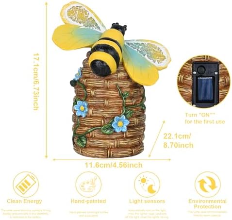 Garden Statue Bee Decor-Outdoor Statue Bees Decorations-Solar Garden Light Bumble bee Figurine Patio,Balcony,Yard,Lawn Ornament Mom Gift - Image 3